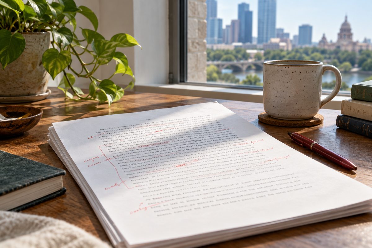 Close-up of typed municipal reference manuscript marked with red editorial proofreading corrections.