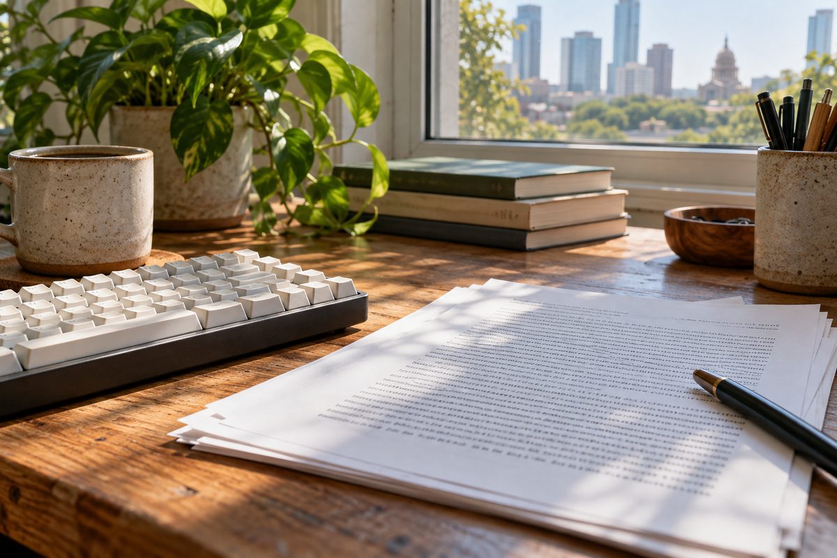 Mechanical keyboard and printed documentary copy sheets arranged on an editorial desk.