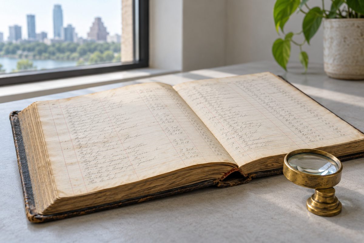 Bound register book and brass optical loupe resting on grey legal study table.