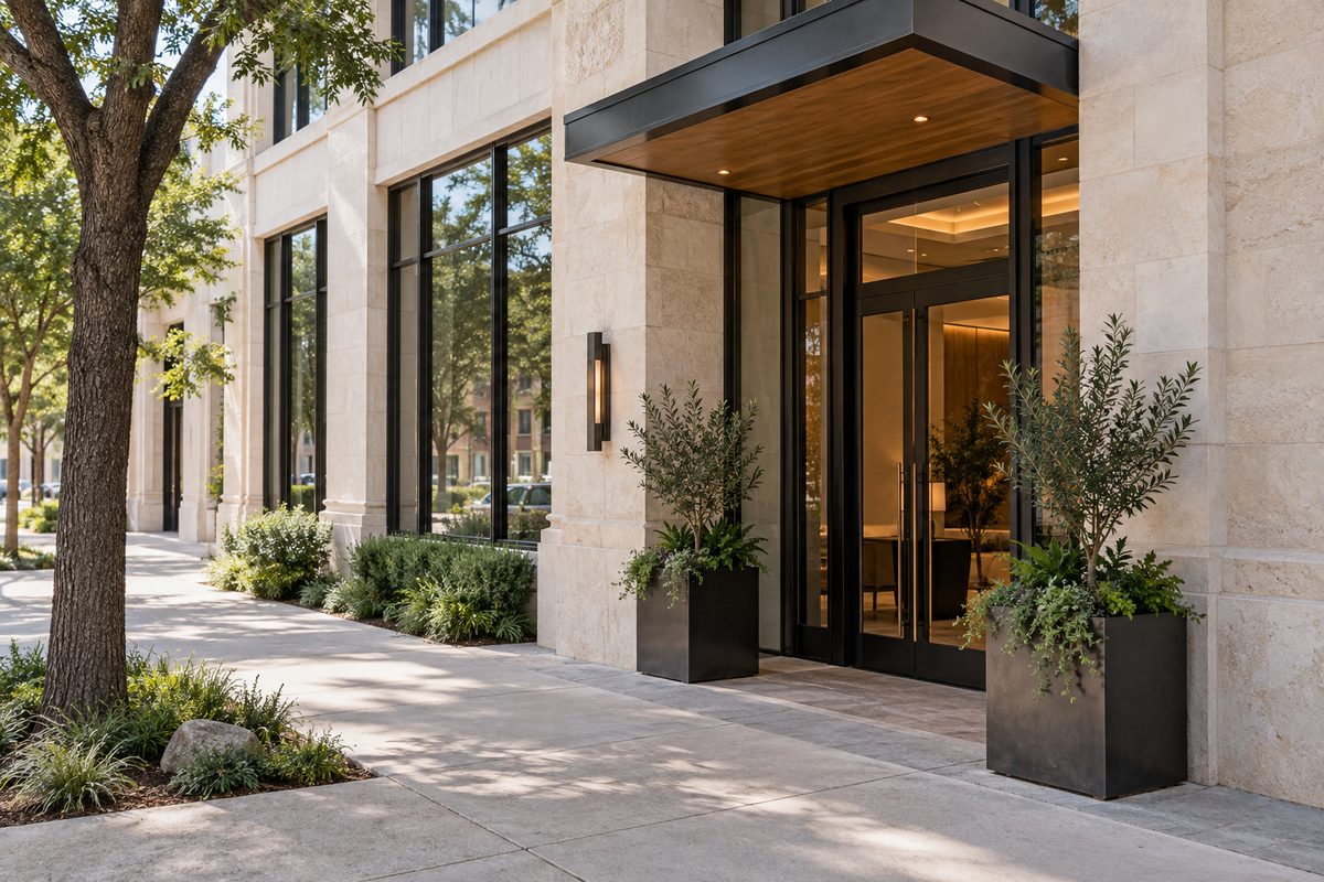 Dressed limestone masonry facade of commercial premises on Brazos Street in Austin.