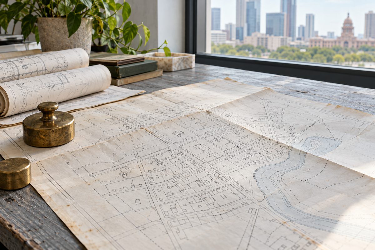 Cadastral survey blueprints and municipal boundary documents spread on a wooden study table.