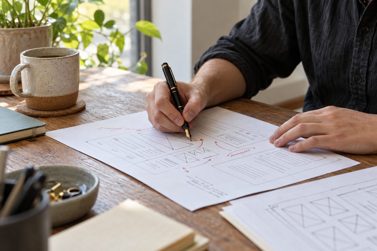 Copywriter annotating a paper website content wireframe with a classic fountain pen.