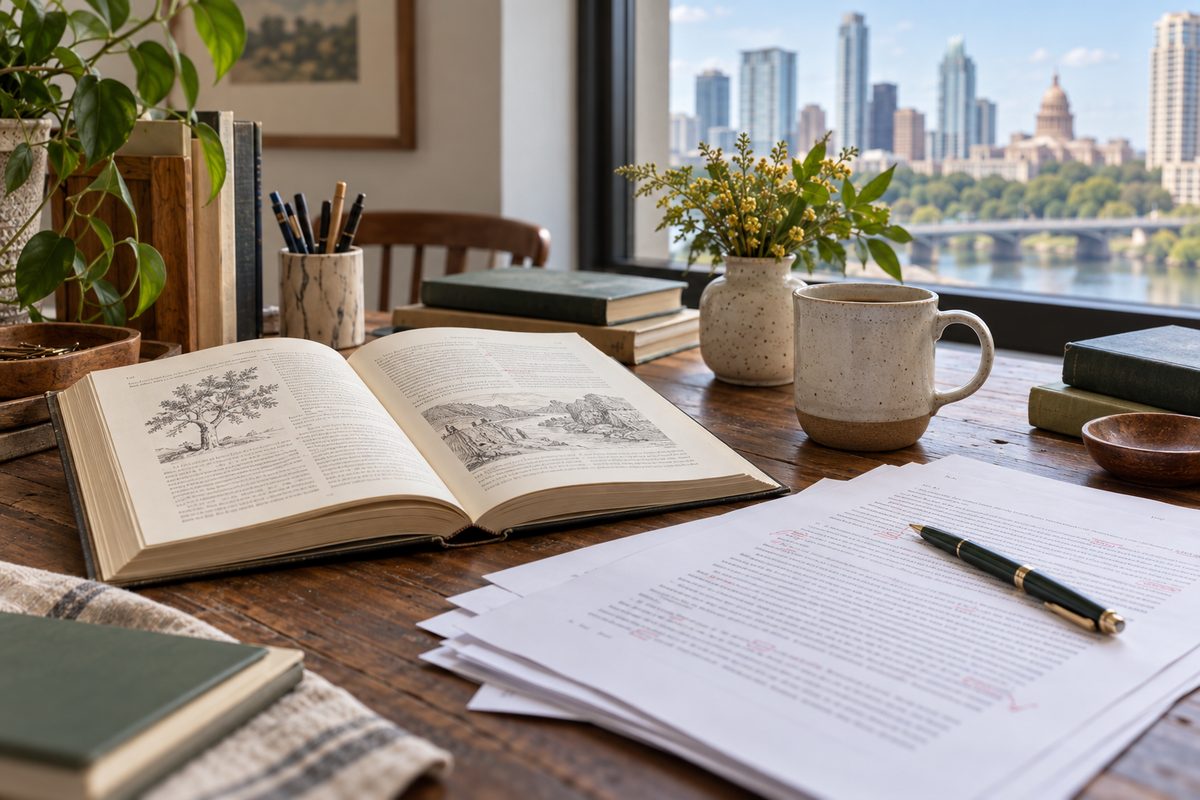 Editorial worktable with open regional gazetteer, galleys, and manuscript notes.
