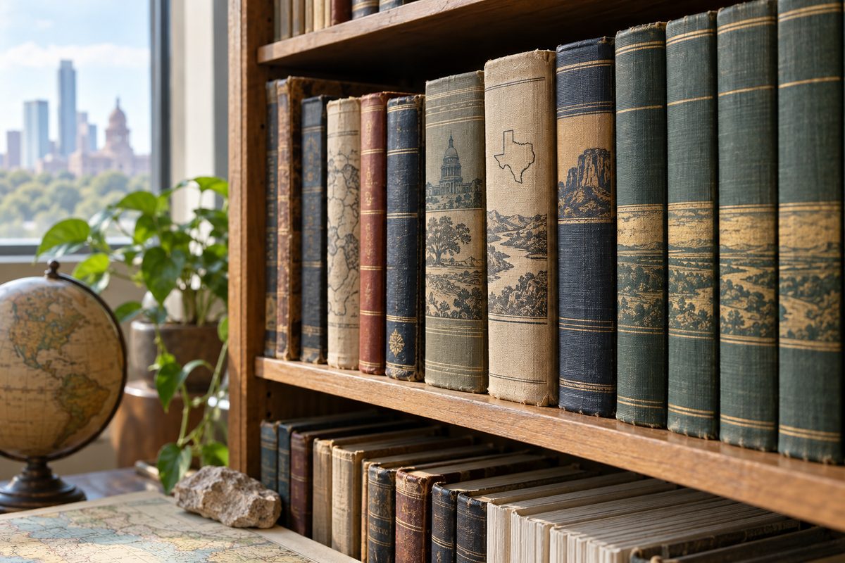 Spines of vintage geographical gazetteers and regional municipal bulletins on a wooden shelf.