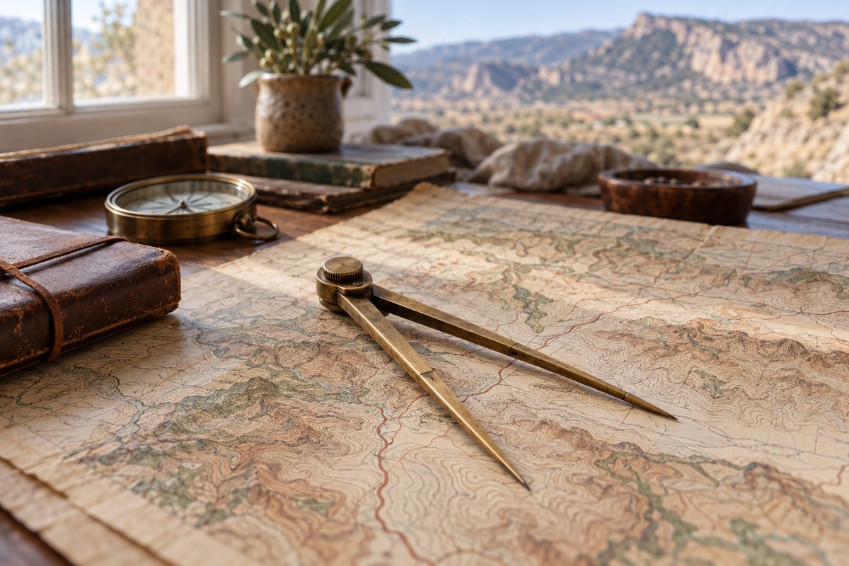 Macro view of brass drafting dividers measuring contour elevations on a regional topographical chart.