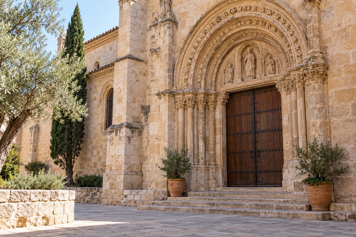 Limestone entrance and historic masonry of the parish church in Taberno.