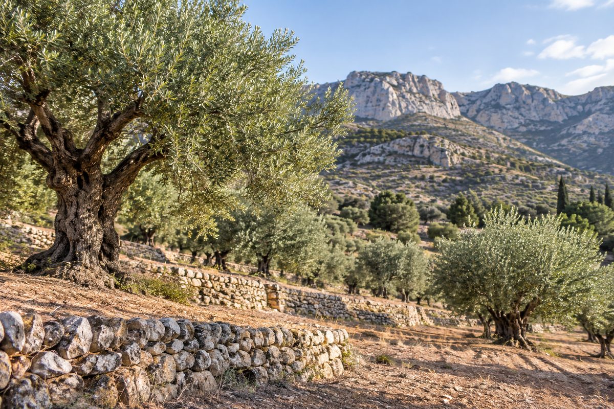 Agricultural stone terraces and olive groves across the arid foothills surrounding Taberno.