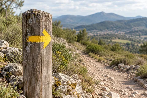 Weathered wooden trail marker post with trail blaze along a mountain footpath in Taberno.