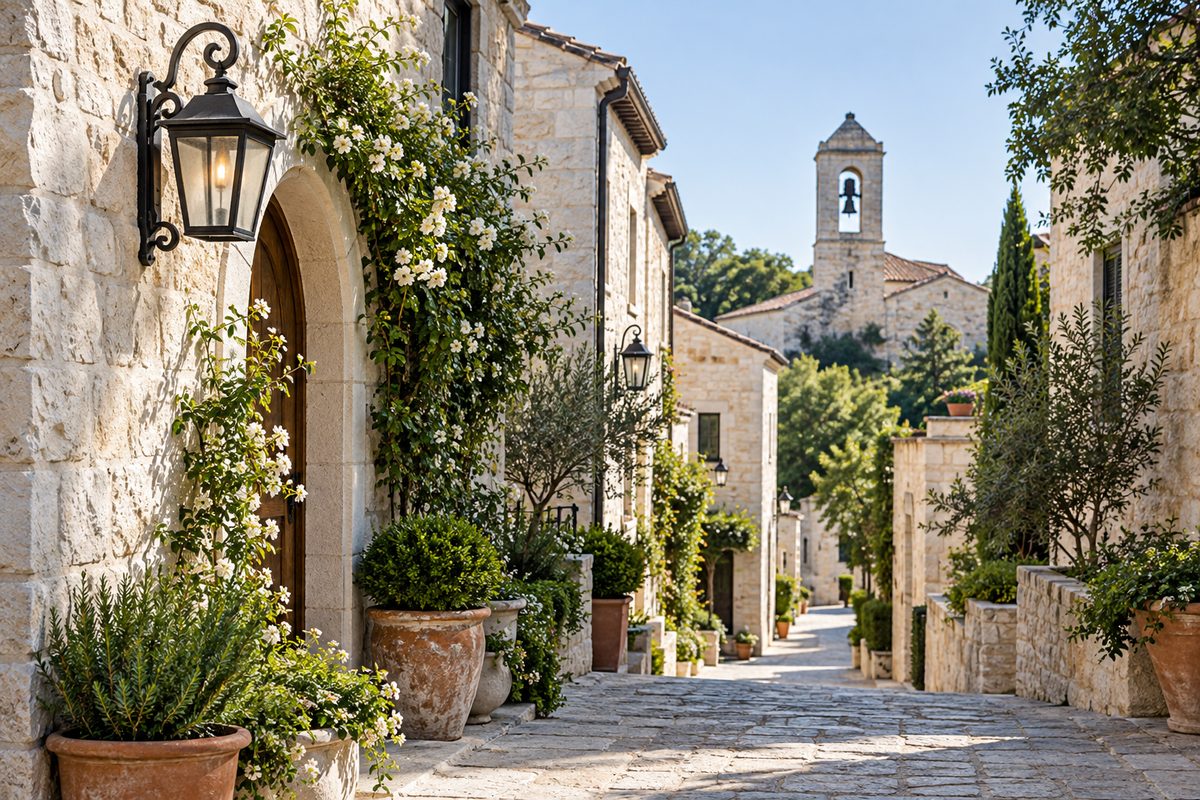 Whitewashed village alleyway and stone bell tower in the quiet municipality of Taberno.